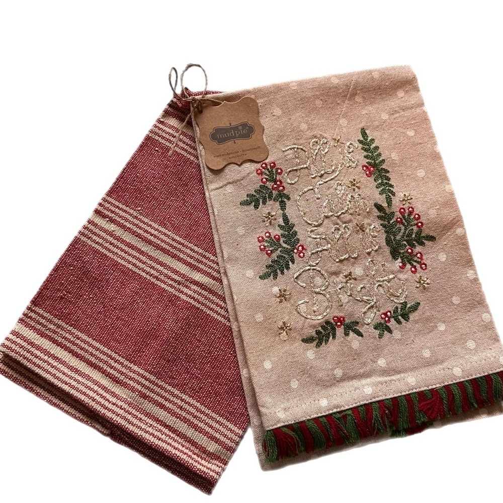 Mud Pie Christmas Kitchen Towel Set – Embroidered Striped Holiday Towels NWT